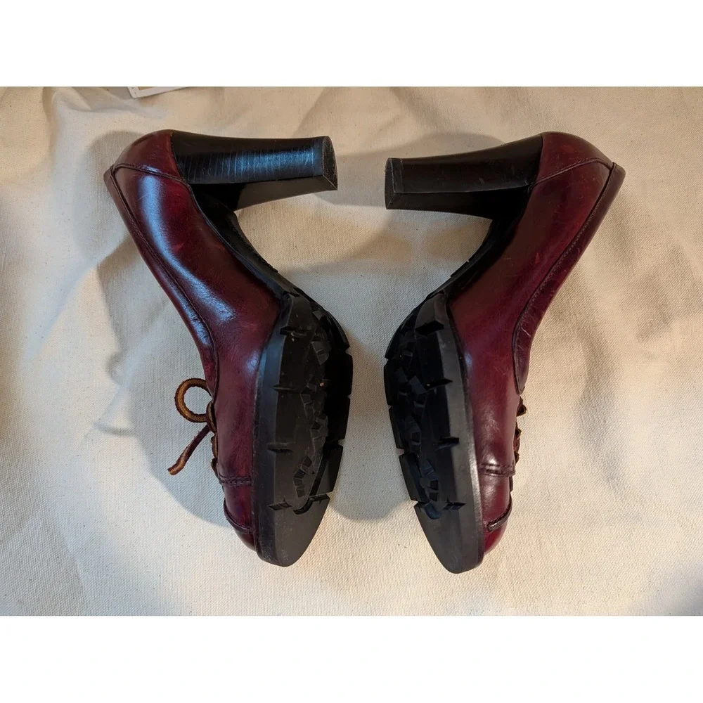 Michael Kors Burgundy Leather Lace Up Block Heel Pumps Lug Sole Womens 8.5M